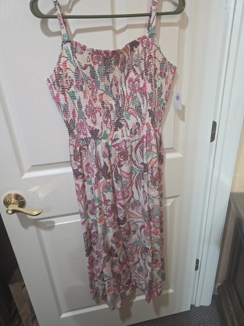 Old Navy Floral Smocked Midi Dress - White, Pink, Green, Brown